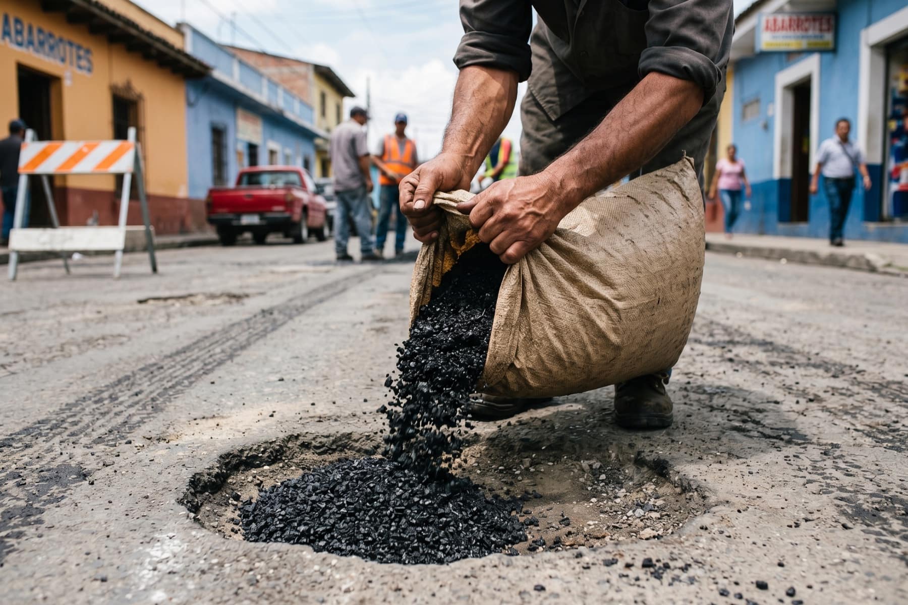 Aplicación de la mezcla asfáltica en frío sobre el pavimento.