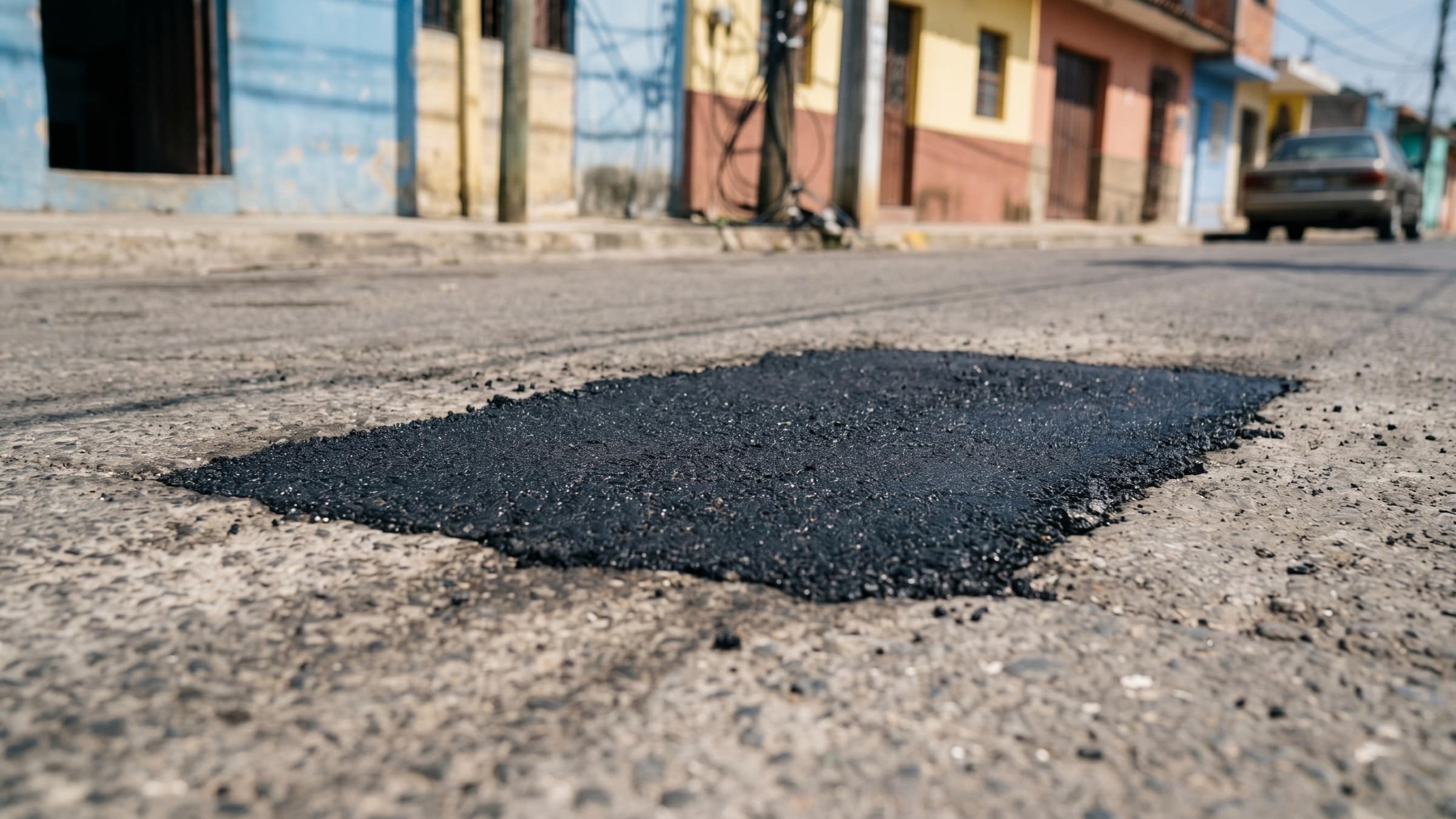 Parche de asfalto recién reparado sobre una vía.